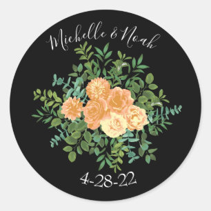 Black & Peach Wedding Modernes Floral Runder Aufkleber