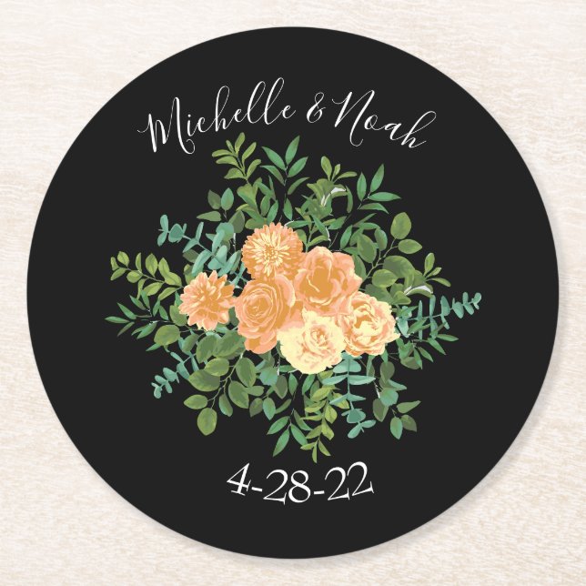Black & Peach Wedding Modernes Floral Runder Pappuntersetzer (Vorderseite)