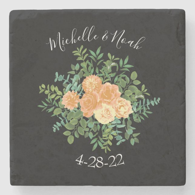 Black & Peach Wedding Modernes Floral Steinuntersetzer (Vorderseite)