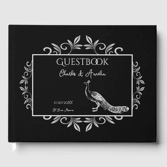 Black Peacock Blüh Wedding Guest Book Gästebuch (Vorderseite)
