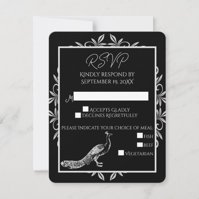 Black Peacock Blühend RSVP-Hochzeitkarte RSVP Karte (Vorderseite)