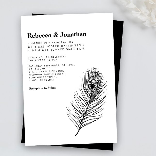 Black Peacock Feather Modern Wedding Einladung (Von Creator hochgeladen)
