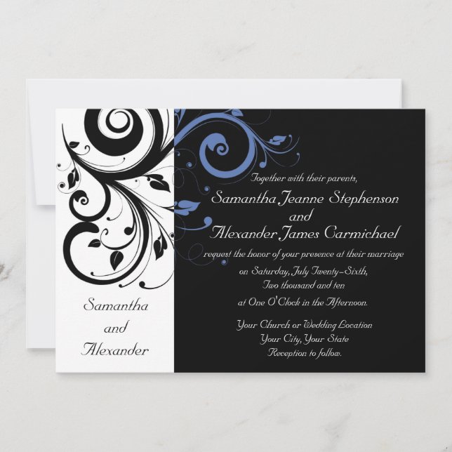 Black Periwinkle Cornflower Blue Floral Wedding Einladung (Vorderseite)