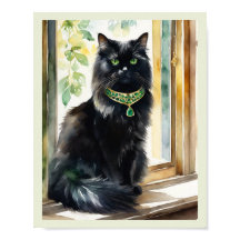 Black Persian Cat Watercolor Gold Emerald Collar
