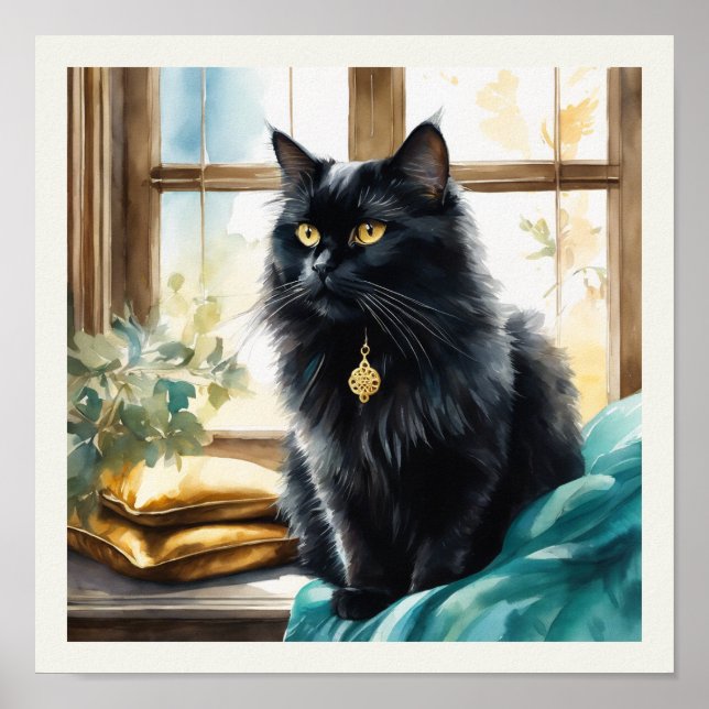 Black Persian Cat Watercolor Goldenes Licht Poster (Vorne)