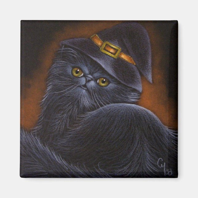 Black Persian Cat with Hexenhut - Magnet (Vorne)