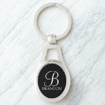 Black Personalized Script Monogram and Name Schlüsselanhänger<br><div class="desc">Personalized Monogram and Name Gift
features personalized monogram in white classic script font style and name in white classic serif font style on black background.

Perfect for holiday,  family reunion and for any special occasions.</div>