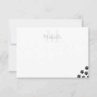 Black Pet Paw Prints Custom Monogram Simple Mitteilungskarte