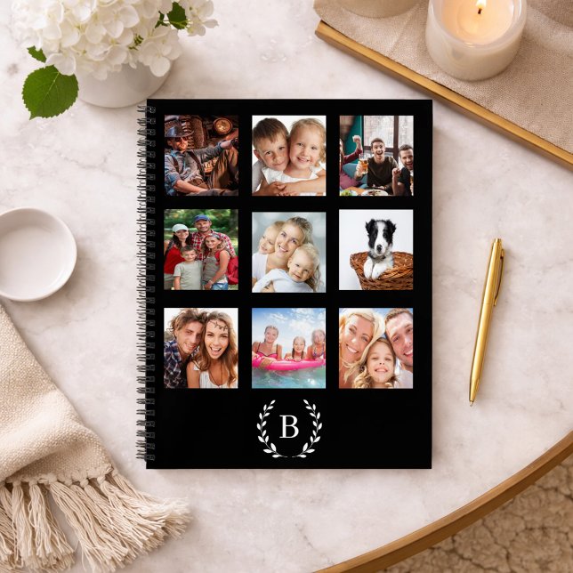 Black photo collage monogrammed modern diary notizbuch (Von Creator hochgeladen)