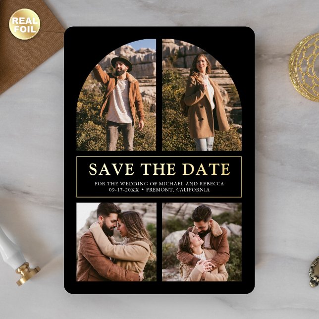 Black Photo Collage Wedding Save the Date Gold Folieneinladung (Von Creator hochgeladen)