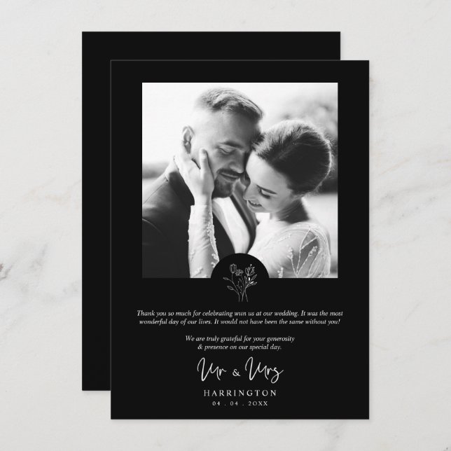 Black Photo Typography MR & MRS Wedding Bouquet  Dankeskarte (Vorne/Hinten)