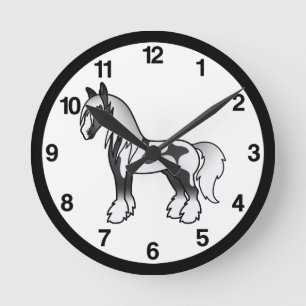 Black Piebald Cartoon Sinti und Roma Vanner Shire  Runde Wanduhr