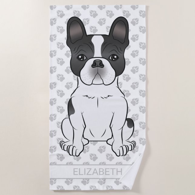 Black Piebald French Bulldog / Frenchie Dog & Name Strandtuch (Vorderseite)