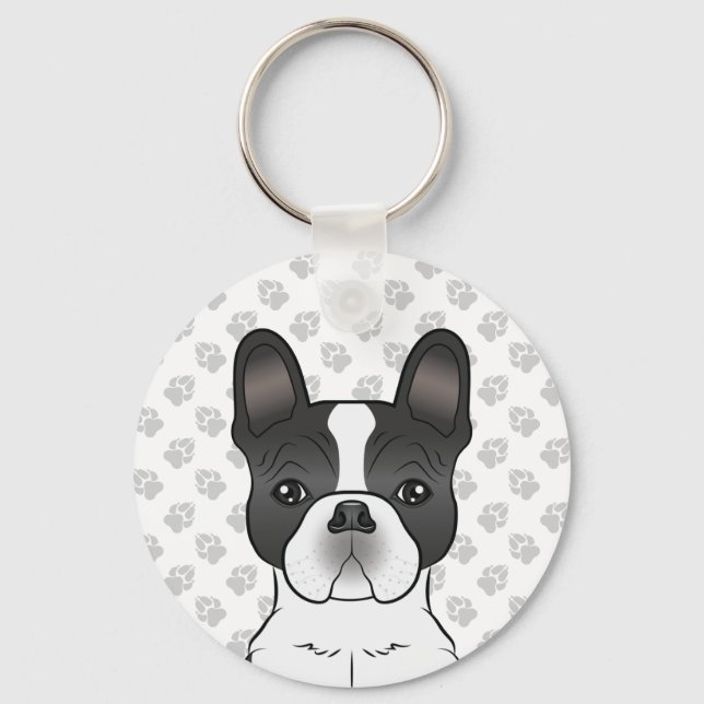 Black Piebald French Bulldog / Frenchie Dog & Paws Schlüsselanhänger (Vorderseite)