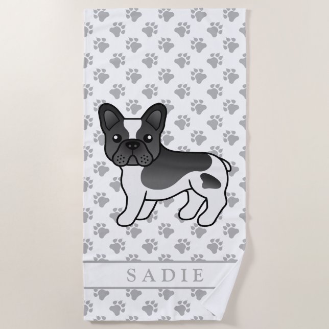 Black Pied French Bulldog Niedlicher Cartoon Dog & Strandtuch (Vorderseite)
