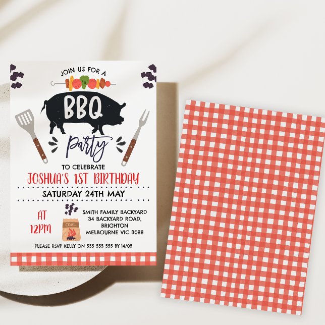 Black Pig Roast Kebab Grillen Birthday Einladung (Bbq birthday party invitation, Backyard Bbq Birthday Invitation, Gingham, pig roast, Summer Bbq)