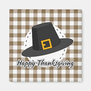 Black Pilgrim Hat auf Brown Kariert - Erntedank Magnet