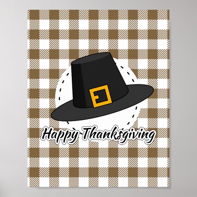 Black Pilgrim Hat auf Brown Kariert - Erntedank Poster (Vorne)