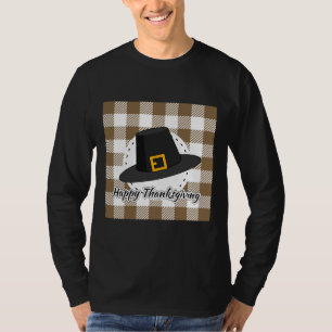 Black Pilgrim Hat auf Brown Kariert - Erntedank T-Shirt