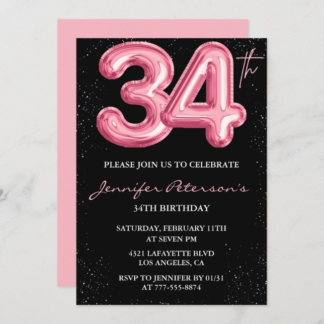 Black Pink 34. Geburtstag Einladungen Balloon Glam (Vorne/Hinten)