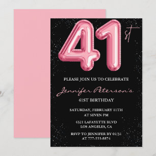 Black Pink 41. Geburtstag Einladungen Balloon Glam