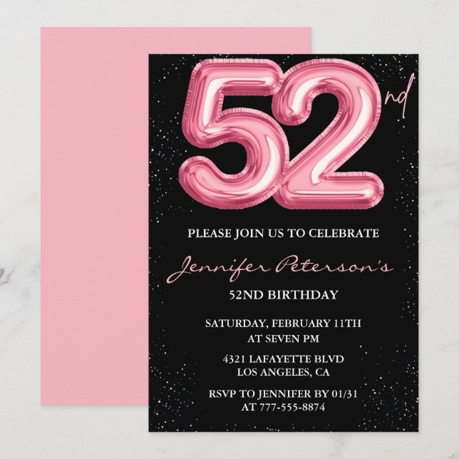 Black Pink 52. Geburtstag Einladungen Balloon Glam (Vorne/Hinten)