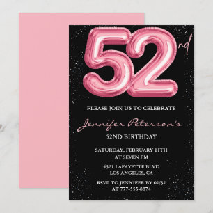 Black Pink 52. Geburtstag Einladungen Balloon Glam