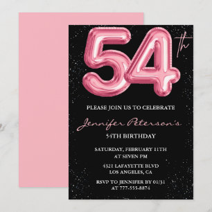 Black Pink 54. Geburtstag Einladungen Balloon Glam