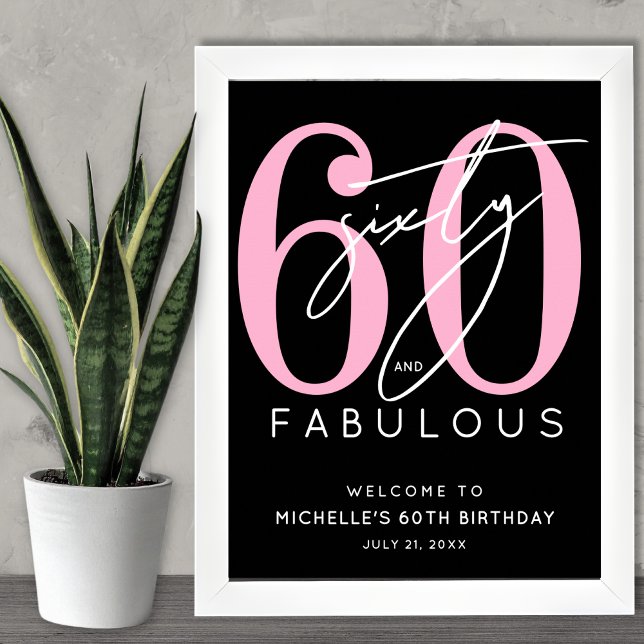 Black Pink 60. Geburtstag Willkommensschild Poster (Black Pink 60th Birthday Welcome Sign)