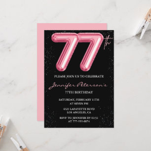 Black Pink 77. Geburtstag Einladungen Balloon Glam