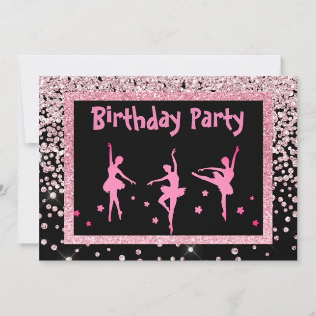 Black Pink Ballerina Sparkle Childrens Geburtstag Einladung (Vorderseite)