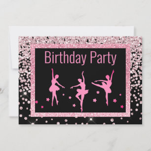 Black Pink Ballerina Sparkle Childrens Geburtstag Einladung