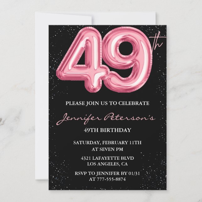 Black Pink Balloon Glam Glitzer 49. Geburtstag Einladung (Vorderseite)