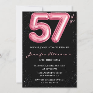 Black Pink Balloon Glam Glitzer 57. Geburtstag Einladung