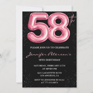 Black Pink Balloon Glam Glitzer 58. Geburtstag Einladung