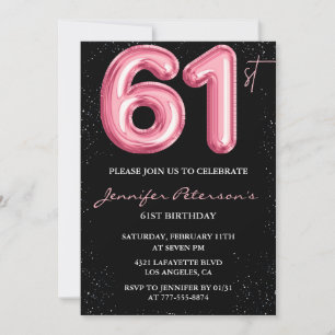 Black Pink Balloon Glam Glitzer 61. Geburtstag Einladung
