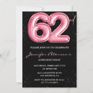 Black Pink Balloon Glam Glitzer 62. Geburtstag Einladung