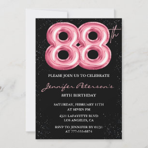 Black Pink Balloon Glam Glitzer 88. Geburtstag Einladung