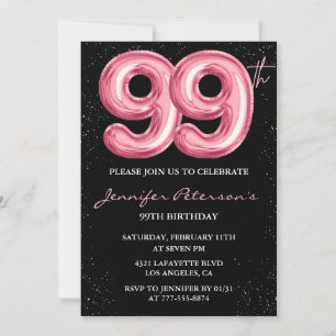 Black Pink Balloon Glam Glitzer 99. Geburtstag Einladung