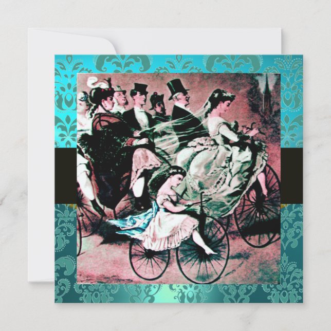 BLACK PINK BLUE BICYCLE WEDD DAMASK MONOGRAM EINLADUNG (Vorderseite)