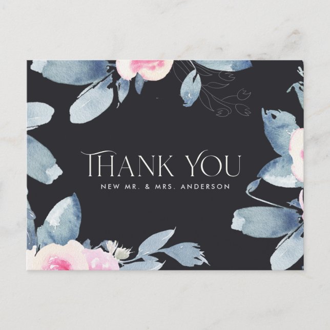 BLACK PINK BLUE FLORA WATERCOLOR WEDEN DANK POSTKARTE (Vorderseite)