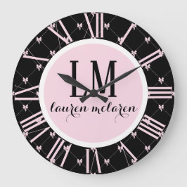 Black & Pink Bow Monogram Große Wanduhr