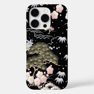Black Pink Cherry Blossom Elegantes Blumenmuster iPhone 16 Pro Hülle