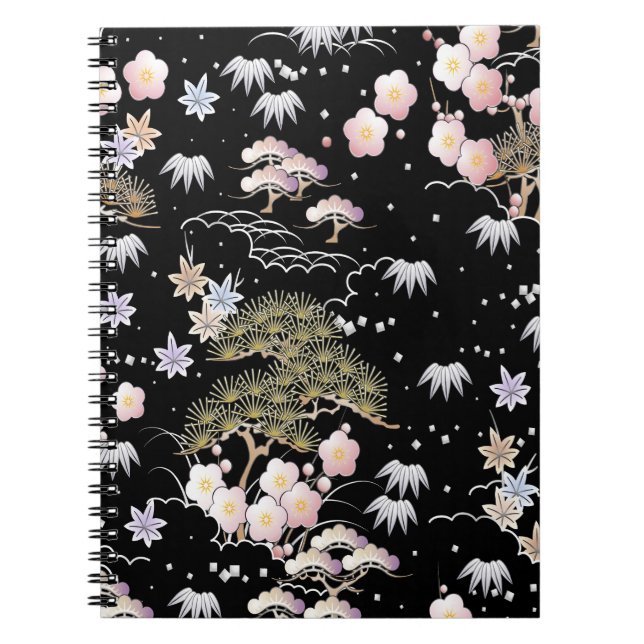 Black Pink Cherry Blossom Elegantes Blumenmuster Notizblock (Vorderseite)