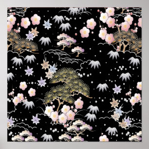 Black Pink Cherry Blossom Elegantes Blumenmuster Poster