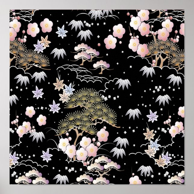 Black Pink Cherry Blossom Elegantes Blumenmuster Poster (Vorne)