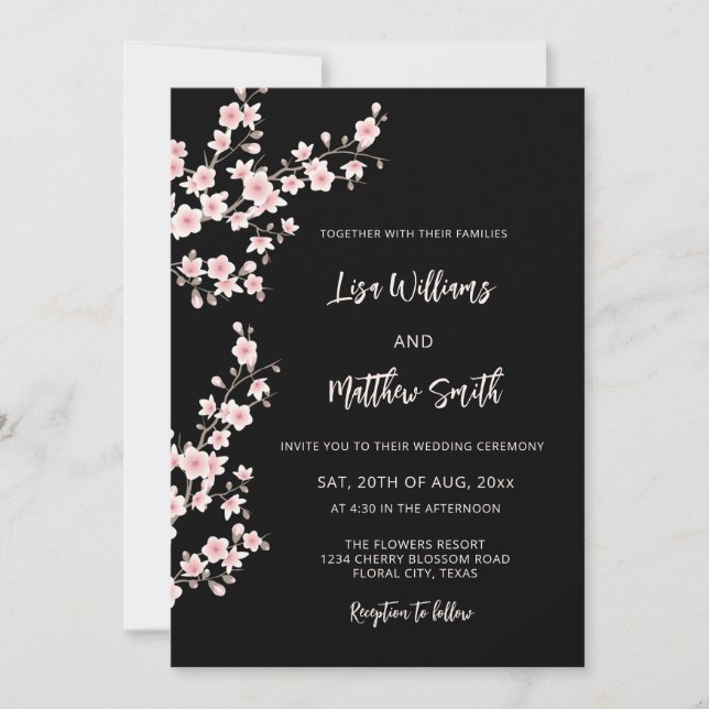 Black Pink Cherry Blossom Photo Wedding Einladung (Vorderseite)