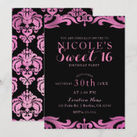 Black & Pink Damask Chic Elegant Sweet 16 Party