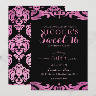 Black & Pink Damask Chic Elegant Sweet 16 Party Einladung