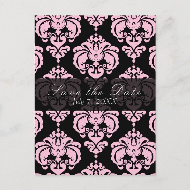 Black & Pink Damask Chic Wedding Save the Date Ankündigungspostkarte (Vorderseite)